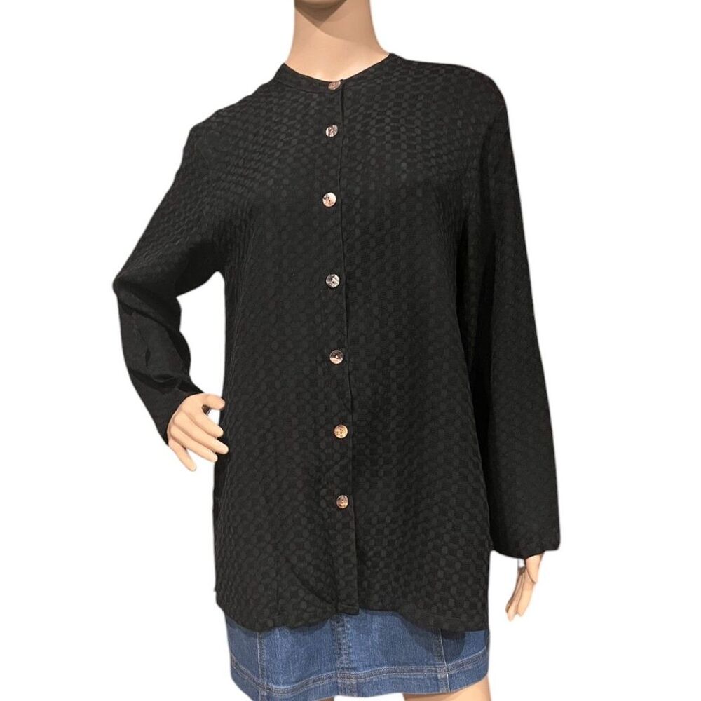 TOOFAN Top Women's BLACK Viscose Button Up Shirt Tunic Sz S